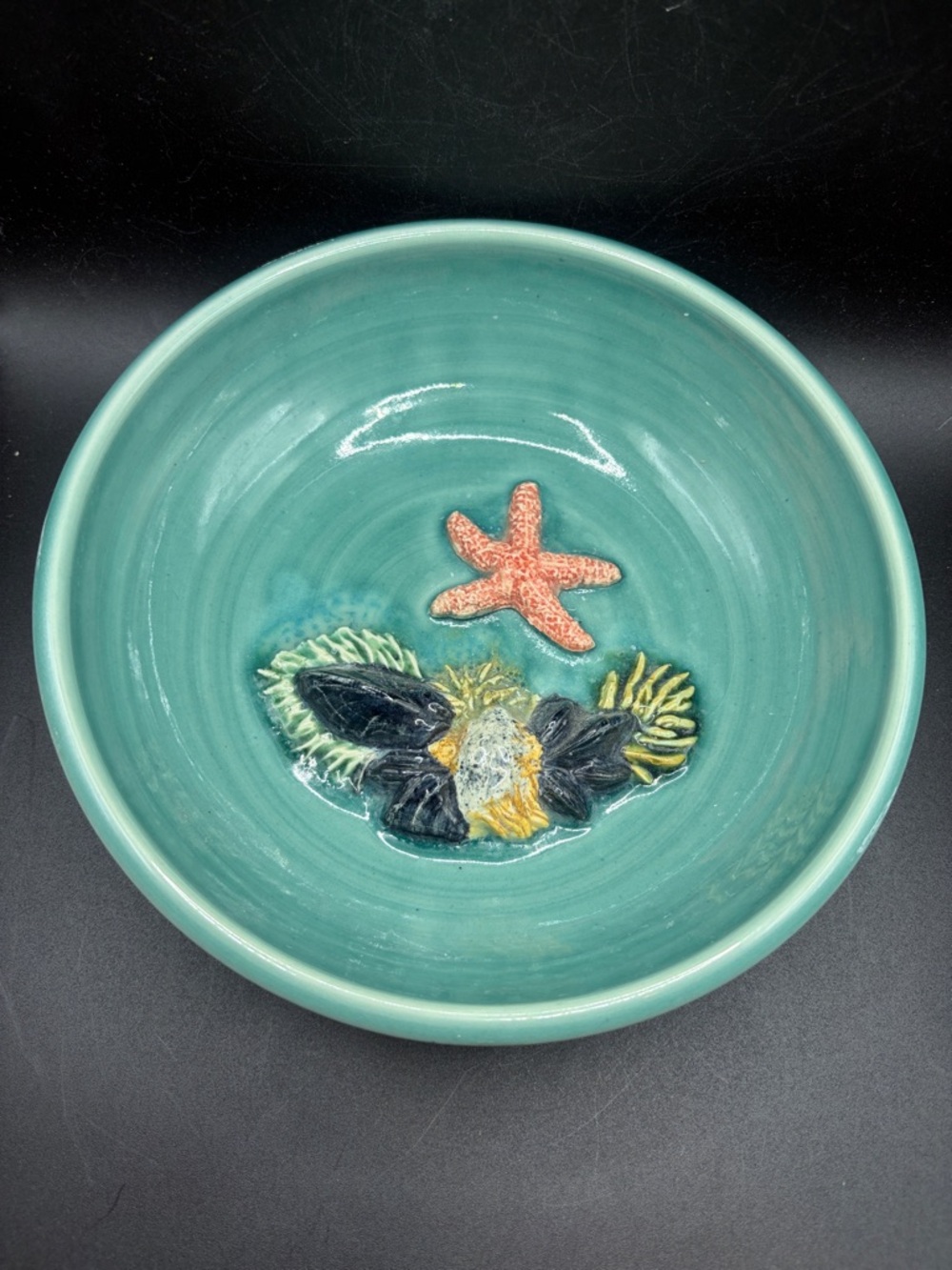 Blue Sky Clayworks Handmade Naurical Starfish Shell Majolica Style Pottery Bowl